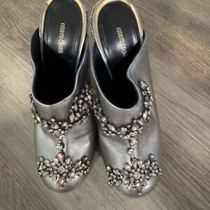 Roberto Cavalli Silver Embellished Mules